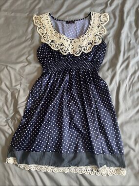 Zara Navy Polka Dot Dress with Ivory Crochet Collar